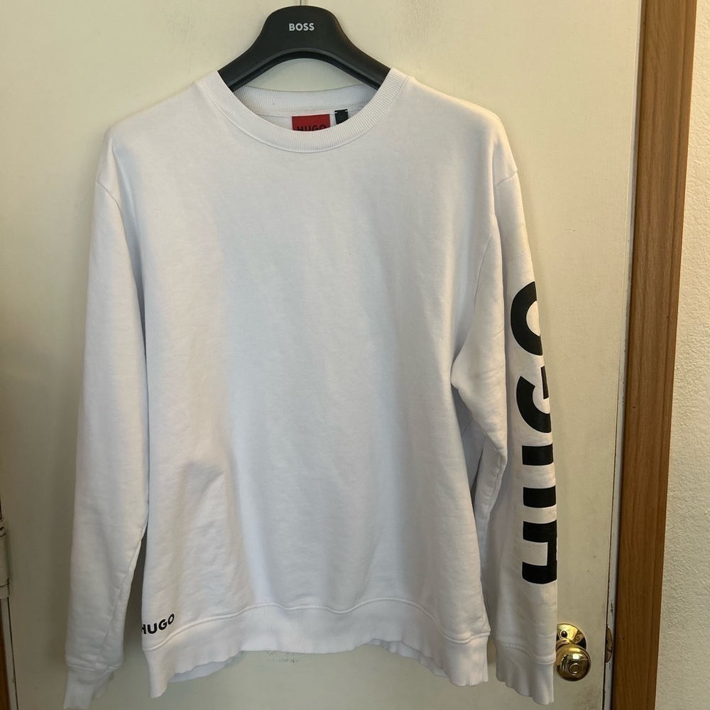 Hugo men's XL White crewneck sweater with black logos